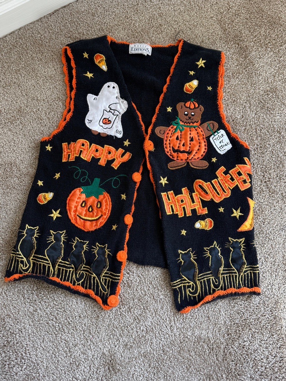 Vintage Halloween Embroidered Knit Sweater Vest Ghost Pumpkin Cats S/M